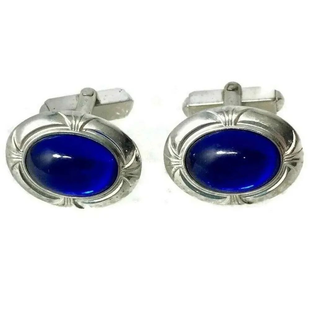 Anson Cuff Links Oval Blue Stone Silvertone Vintage Estate Jewelry Marked